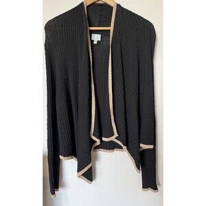 Tracy Reese Black With Tan Trim Flowy Open Front Cardigan Size Medium